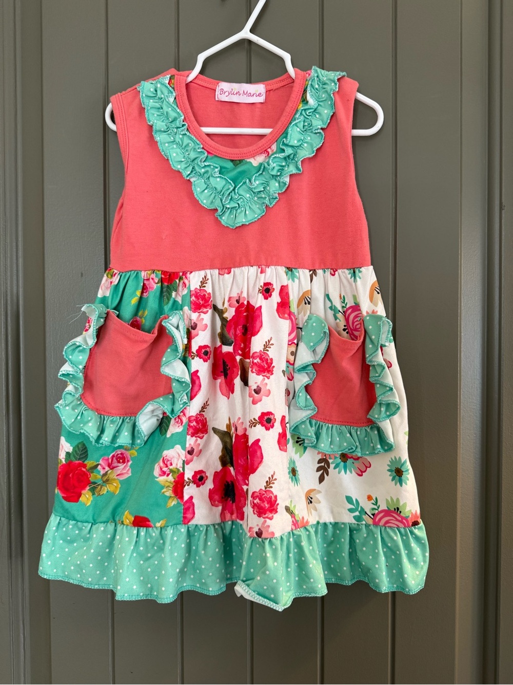 Girls' Coral & Mint Floral Ruffle Dress with Pants Size 5/6